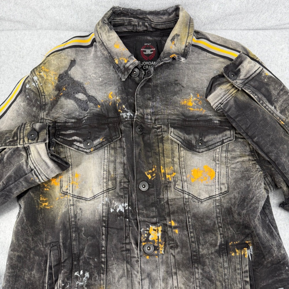 Jordan Craig Legacy Edition Mens Black Distressed Paint Splatter Denim Jacket L
